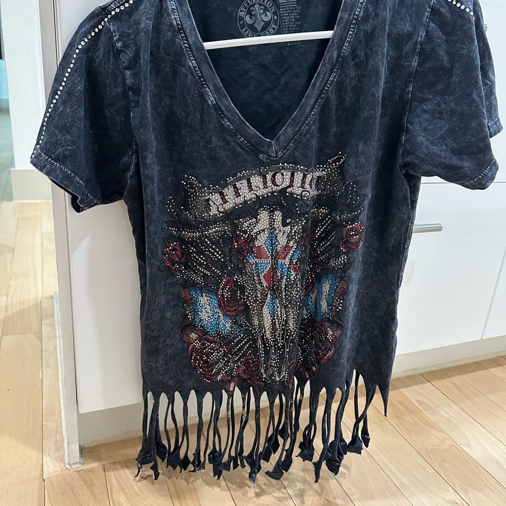 Rocker Fringe T-Shirt with beaded sleeves and beaded graphic